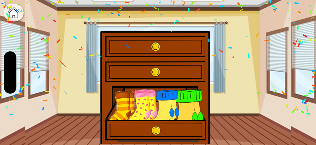 Un tocador de madera de dibujos animados con un cajón lleno de calcetines coloridos y ordenados y confeti cayendo