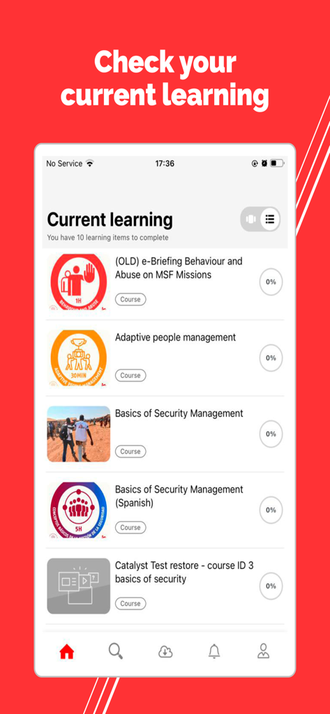 MSF Tembo Learning - Pantalla de aprendizaje actual en la aplicación MSF Tembo que muestra una lista de cursos de formación para personal humanitario.