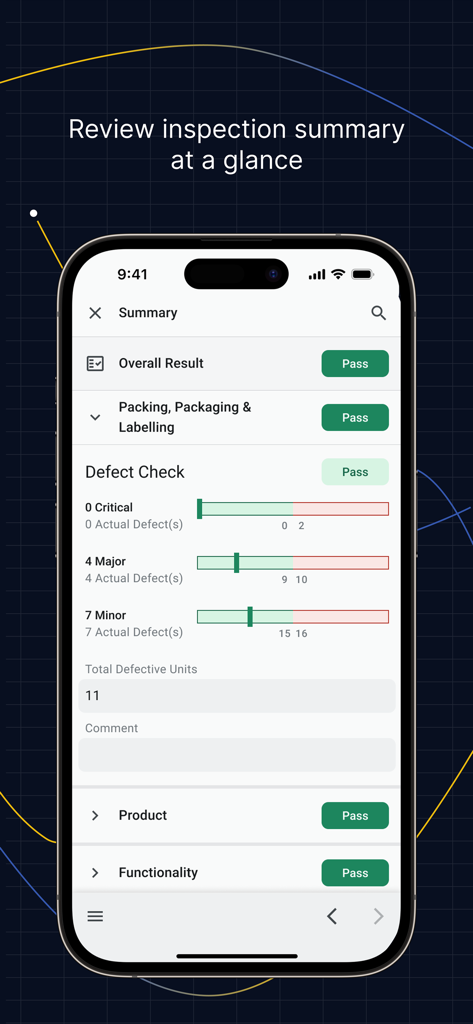 TBY Inspection Pro - Panel de la aplicación móvil TBY Inspection Pro que muestra los resultados resumidos del control de calidad y las categorías de defectos