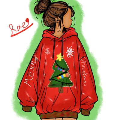 realistic girl with a oversized sweatshirt on and a bun