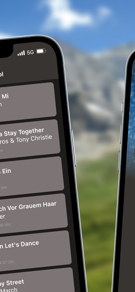 Radio U1 Tirol - Schermo dell'iPhone che visualizza la playlist di Radio U1 Tirol con sfondo di montagne alpine.