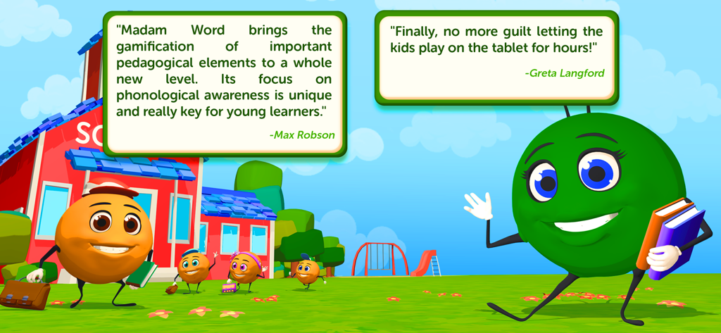 Testimonios de aplicaciones educativas para Madam Word con personajes de dibujos animados en un entorno de patio de recreo escolar.