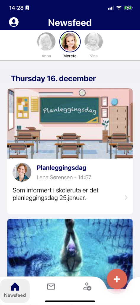 Vigilo - O feed de notícias da aplicação Vigilo a mostrar anúncios escolares, seleção de perfil de criança e atualizações da sala de aula