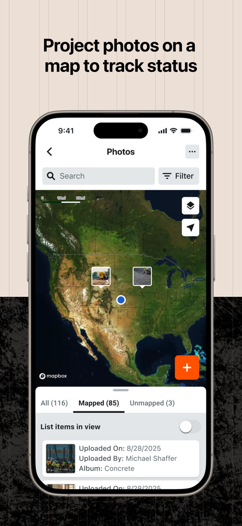 Procore - Procore app interface showing construction project photos pinned on a map for tracking site progress