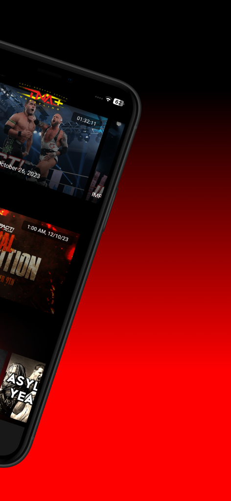 TNA Plus mobile app interface showing professional wrestling match thumbnails and event schedules