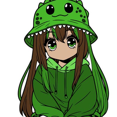 girl with anime shaped eyes with a dinosaur bucket hat oversized sweatshirt long straight hair