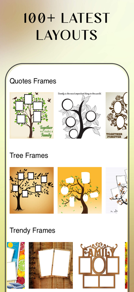 A collection of family tree photo collage layouts and decorative frames.