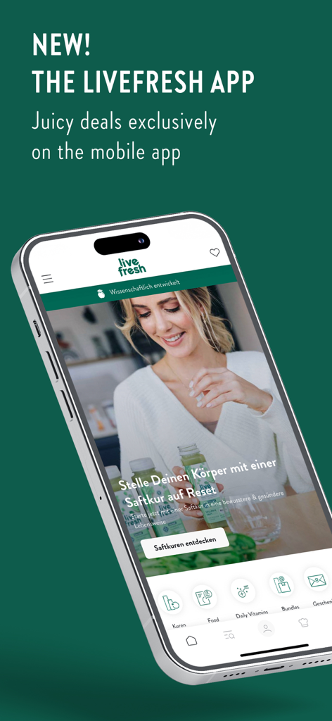 LiveFresh - The LiveFresh mobile app home screen showing exclusive juice cleanse deals and healthy nutrition options on a smartphone