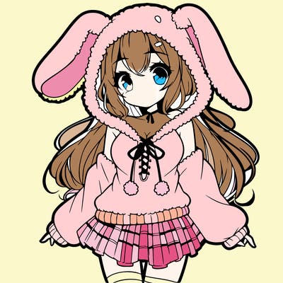 pretty anime girl wearing a fluffy hoodie with bunny ears on the hood and a skirt