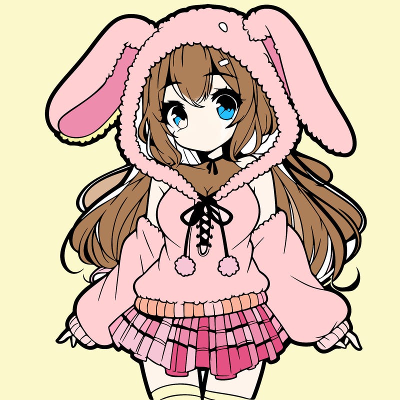 pretty anime girl wearing a fluffy hoodie with bunny ears on the hood and a skirt