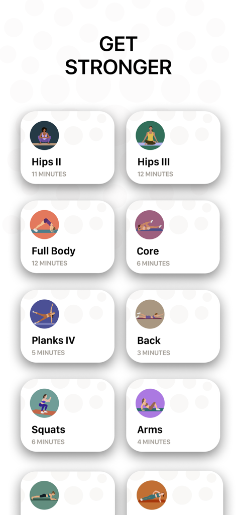 Bend: Stretching & Flexibility - Interfaz de la app Bend que muestra una lista de rutinas de estiramiento y fortalecimiento, incluyendo "Caderas", "Cuerpo Completo" y "Core"