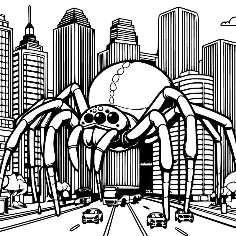 realistic giant spiders in a city