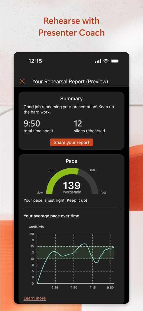 Microsoft PowerPoint Presenter Coach rehearsal report showing speaking pace and summary statistics