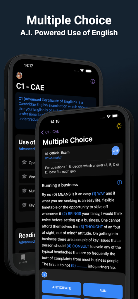 Use of English AI - A smartphone screen displaying a C1 level multiple choice exercise within the Use of English AI app for Cambridge exam preparation.