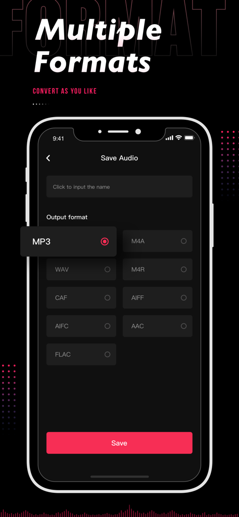 audiolab - audio clip editor - Audiolab app screen for saving audio with various output format options like MP3 and WAV.