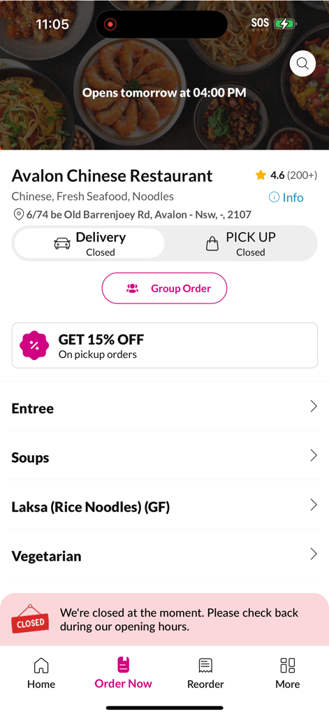 Avalon Chinese Restaurant - Interface de l'application mobile Avalon Chinese Restaurant affichant les catégories de menu et une offre de réduction de 15 % pour les commandes à emporter