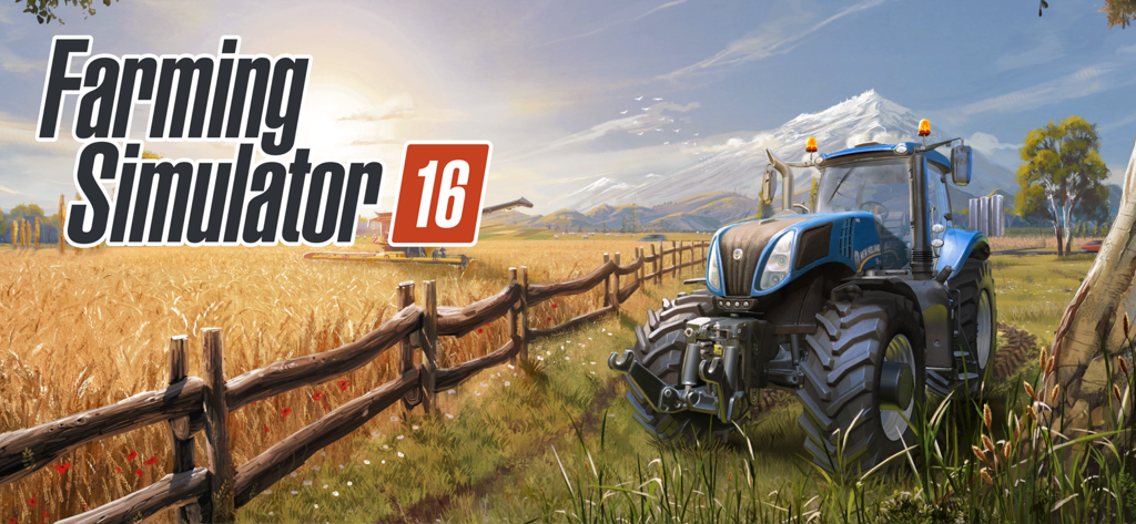 Farming Simulator 16 - Ein blauer Traktor, der auf einem goldenen Weizenfeld mit Bergkulisse für Farming Simulator 16 parkt