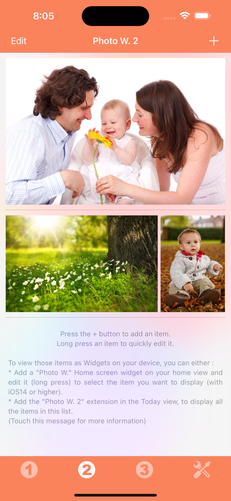 Photo Widget - Oberfläche der Foto Widget-App, die eine Auswahl an Familien- und Naturfotos zur Anpassung des Home-Bildschirms zeigt