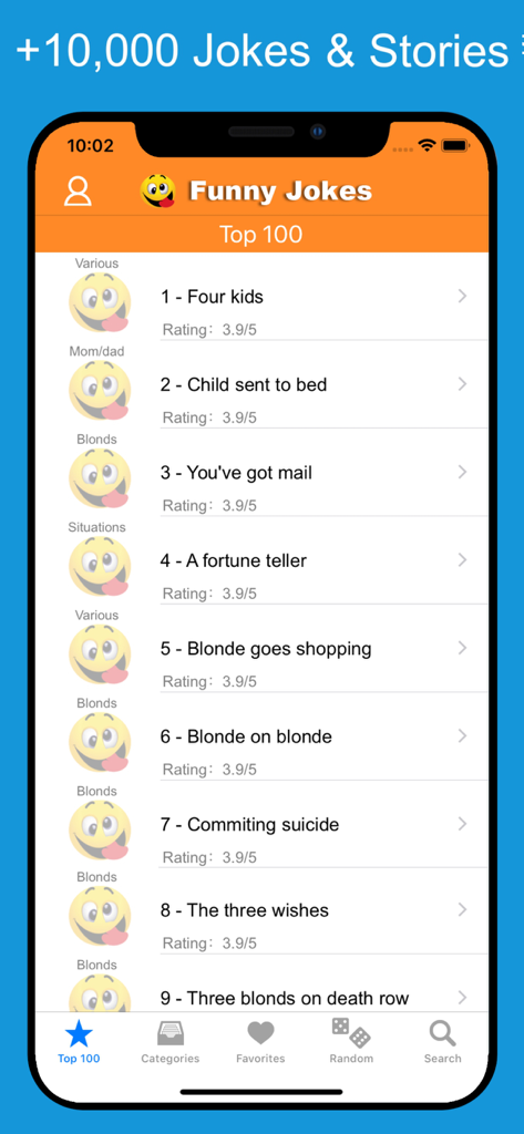 Funny Jokes, Stories & Puns - Una pantalla de aplicación móvil que muestra una lista clasificada de los 100 mejores chistes e historias divertidas con calificaciones e íconos de categoría.