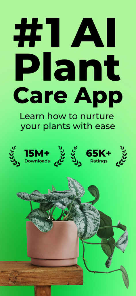 Werbebildschirm für PlantSnap, die Nummer eins KI-Pflanzenpflege-App, mit 15 Millionen Downloads und einer Topfpflanze