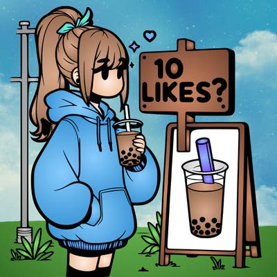 girl with oversized hoodie drinking boba and she has a high ponytail with a sign that says 10likes?