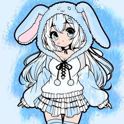 pretty anime girl wearing a fluffy hoodie with bunny ears on the hood and a skirt