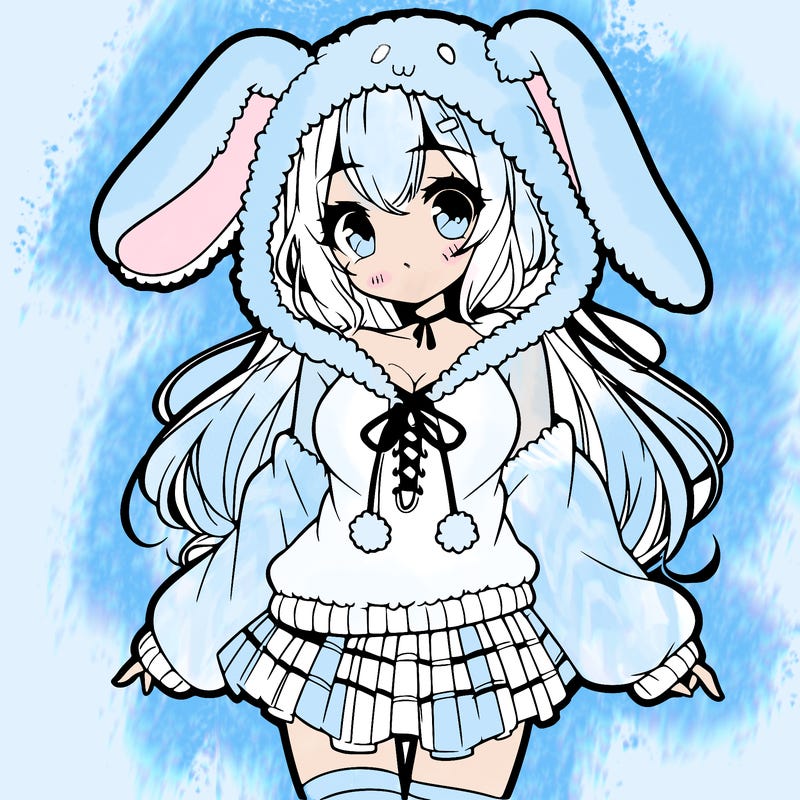 pretty anime girl wearing a fluffy hoodie with bunny ears on the hood and a skirt