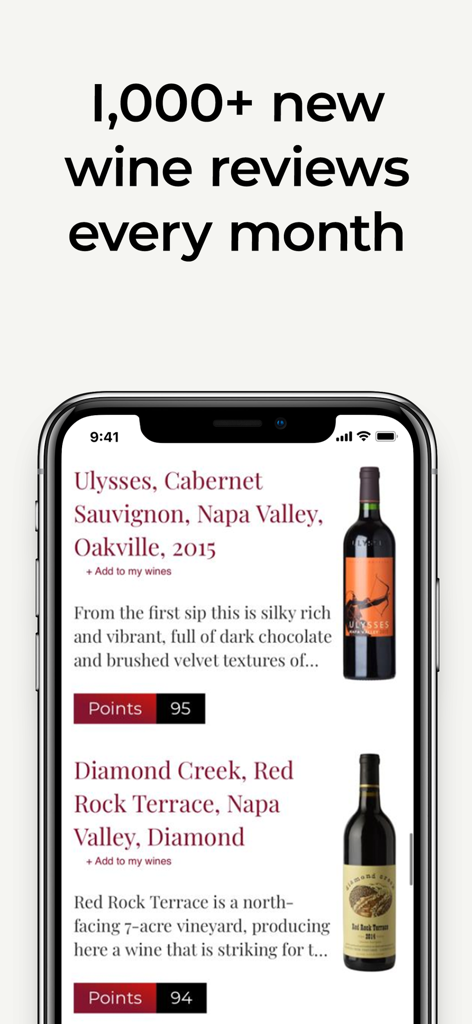 Interface de l'application Decanter Premium montrant des critiques de vin professionnelles et des scores pour des vins rouges de luxe Cabernet Sauvignon et Napa Valley