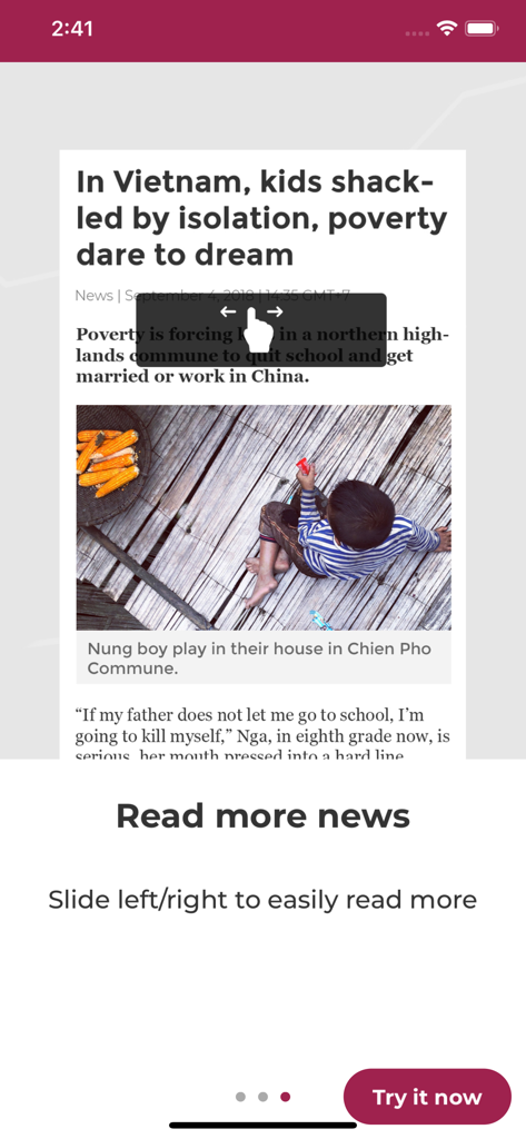 VnExpress International app news article interface with a swipe navigation tutorial