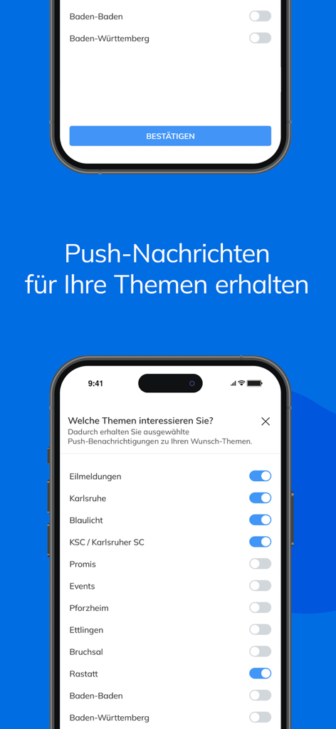 KA-News - A screen from the KA-News app showing options to select topics for push notifications, such as breaking news, Karlsruhe, and KSC soccer.