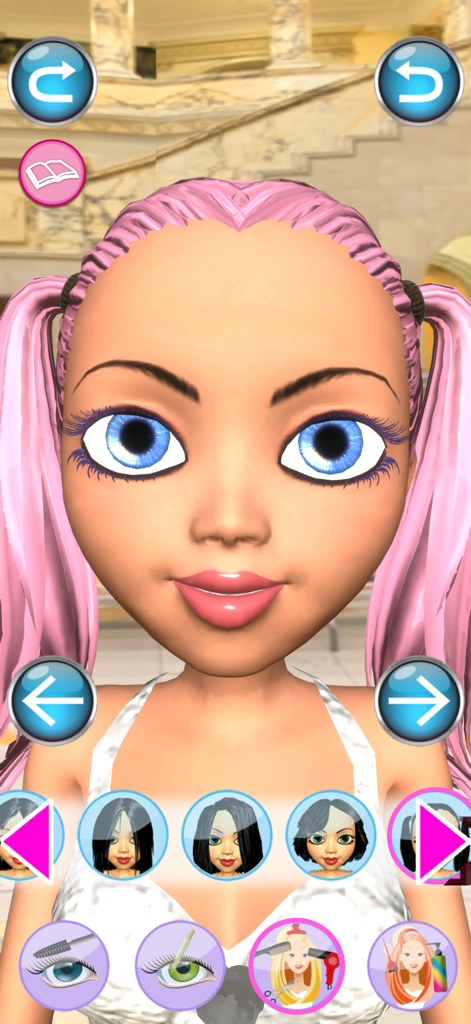 Personaje 3D de Angela con cabello rosa y ojos azules en una aplicación de salón de cambio de imagen de princesa