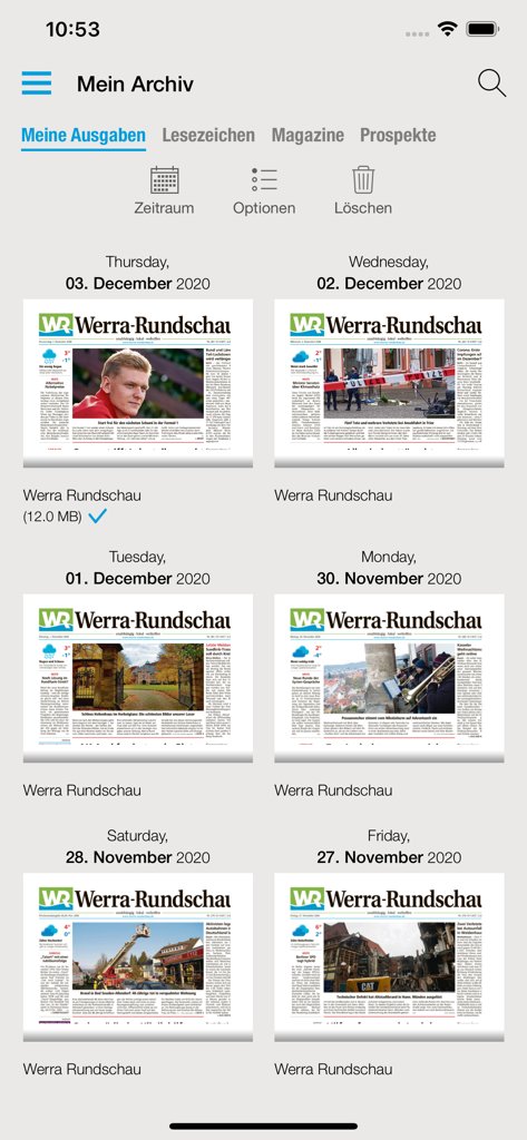 WR ePaper - Screenshot of the WR ePaper app showing the newspaper archive with multiple past editions of the Werra Rundschau