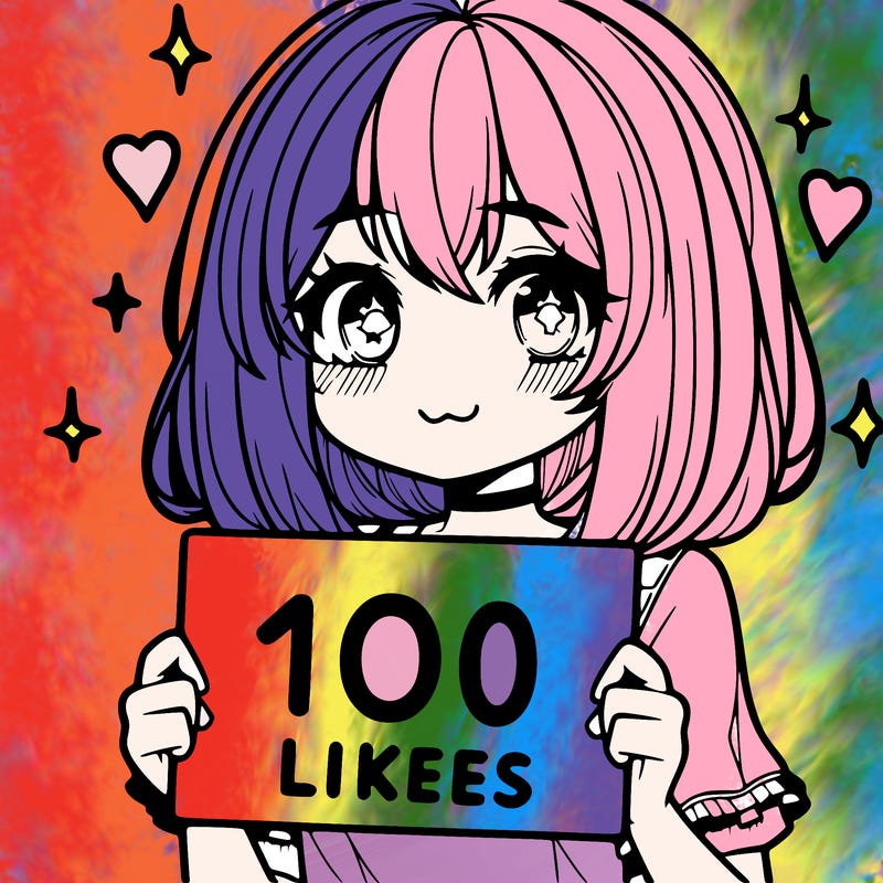anima girl holding a 100 likes sign in her hand
