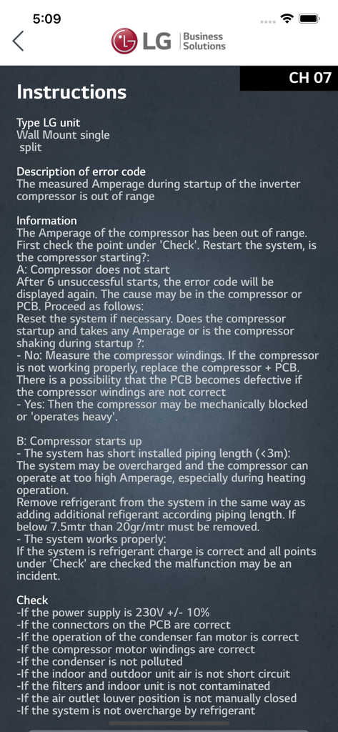 Instrucciones para la solución de problemas del código de error LG HVAC CH07 en la aplicación LG Service AE que muestran el tipo de unidad y los pasos de diagnóstico.
