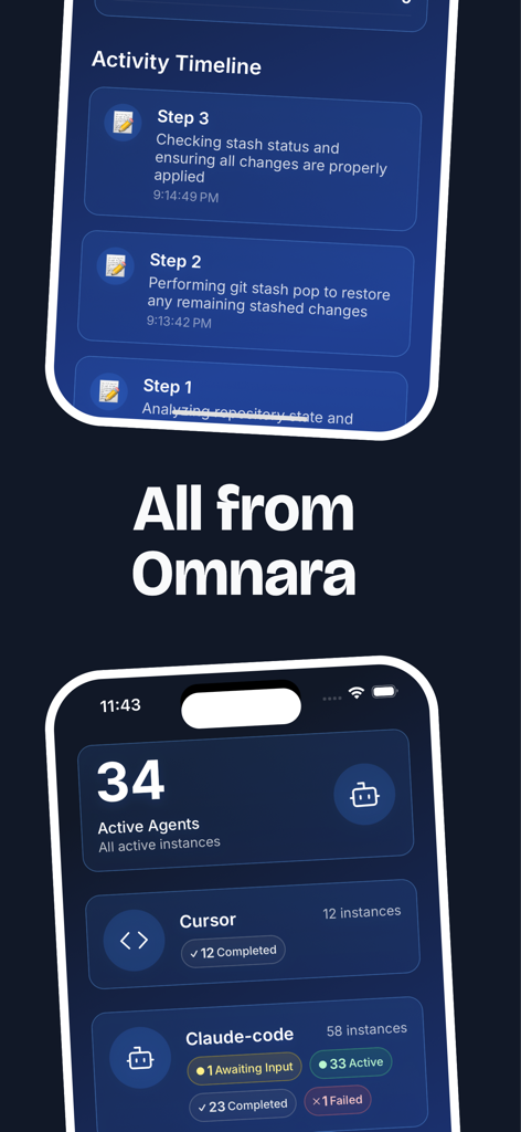 Mobiles Dashboard der Omnara App verfolgt die Aktivität und den Status von KI-Agenten