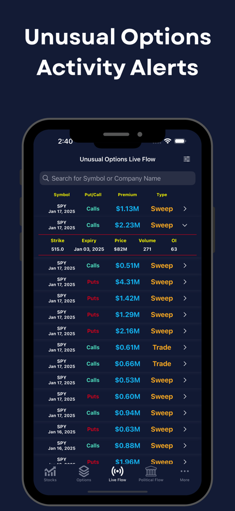 Autopilot AI Stocks Alerts - Mobile dashboard showing real-time unusual options activity and live trading flow.