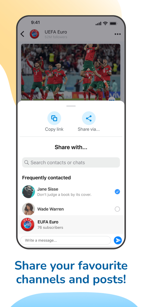 Ayoba - Ayoba app screen showing sharing options for a football channel post with a list of contacts.
