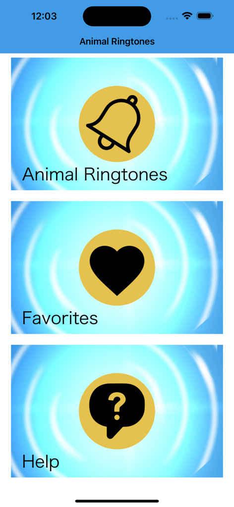 Pantalla principal de la aplicación Sonidos de Timbres Divertidos de Animales que muestra botones de navegación para timbres, favoritos y ayuda