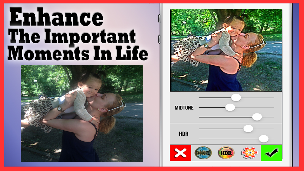 Photo Studio - Photo Editor You'll Ever Need. - Una interfaz móvil para Photo Studio que muestra versiones antes y después de una foto familiar con controles deslizantes de HDR y tonos medios.