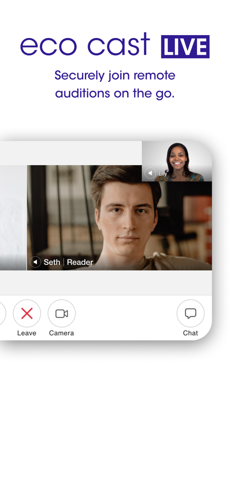 Interface of the Actors Access app showing a live remote audition video call through Eco Cast Live.