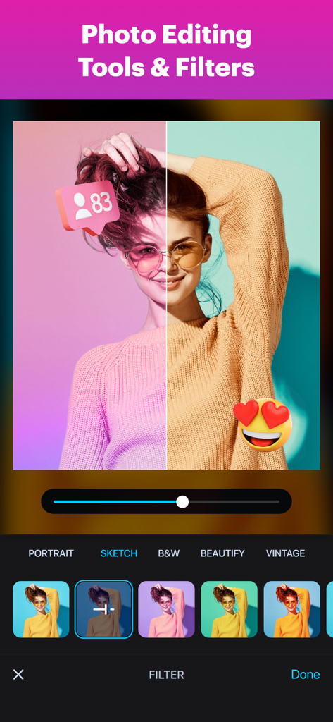 Photo editor interface with diverse filters and social media stickers for content creators