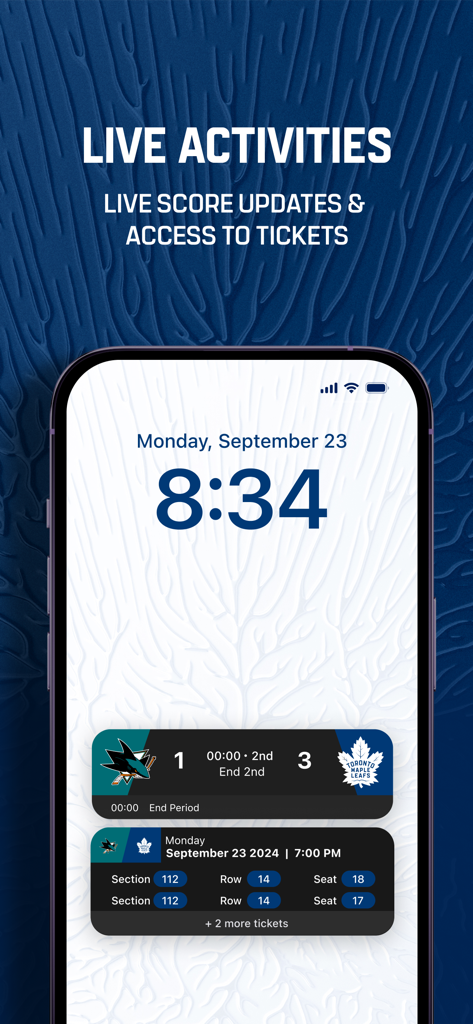 iPhone lock screen showing Toronto Maple Leafs live score and game tickets