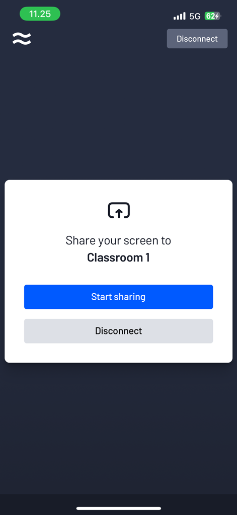 Airtame - Airtame mobile app interface showing a prompt to start sharing screen to a classroom display with a blue start sharing button.