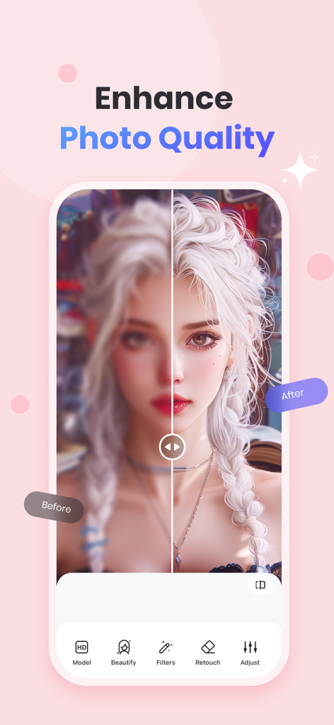 Una comparación de antes y después que muestra un retrato borroso siendo enfocado y mejorado por la aplicación PicWish AI Photo Editor.