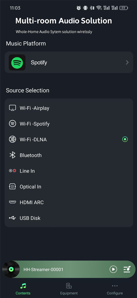Holo-Home - Holo-Home app screen showing source selection for multi-room audio including Spotify, Bluetooth, and HDMI ARC