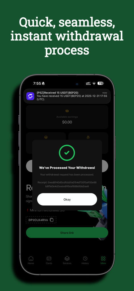Digital Purse - Digital Purse app screen showing a successful withdrawal confirmation and a crypto deposit notification