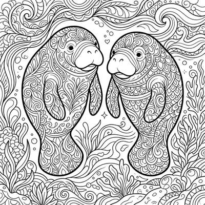 Discover the gentle beauty of manatee calves brought to life through intricate Zentangle patterns in this unique coloring page. Perfect for a calming artistic session, this design invites you to explore the depths of your creativity.