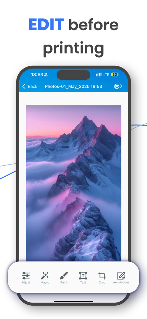 Tap & Print: Smart Air Printer - Interface of Tap and Print app showing photo editing tools including crop and annotations before printing.