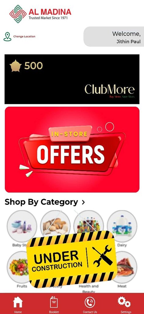 Al Madina UAE app home screen showing user loyalty points and shopping categories