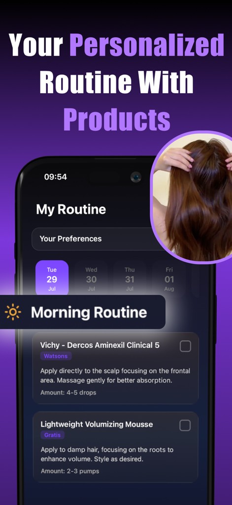 AI Hair Style&Care - HairMaxx - A mobile app screen showing a personalized morning hair care routine with product recommendations and usage instructions.